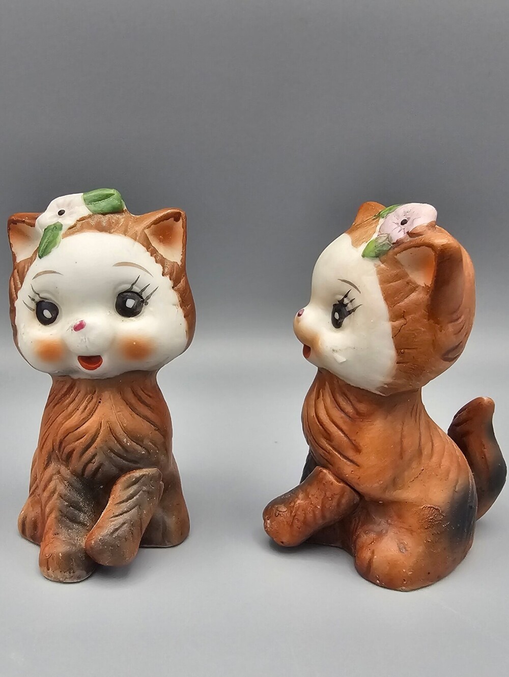 Vintage Ceramic Cat Salt and Pepper Shakers with Floral Detail